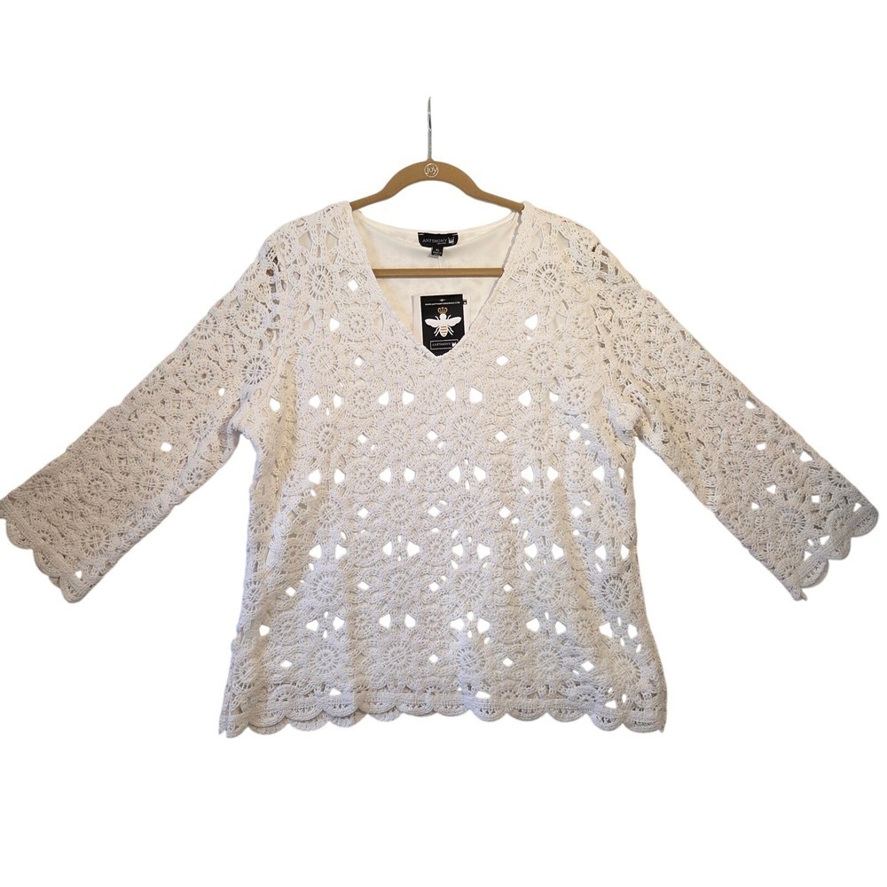 NWT Antthony Originals White Crochet Lace V-Neck Top 3/4 Sleeve Lined XL‎